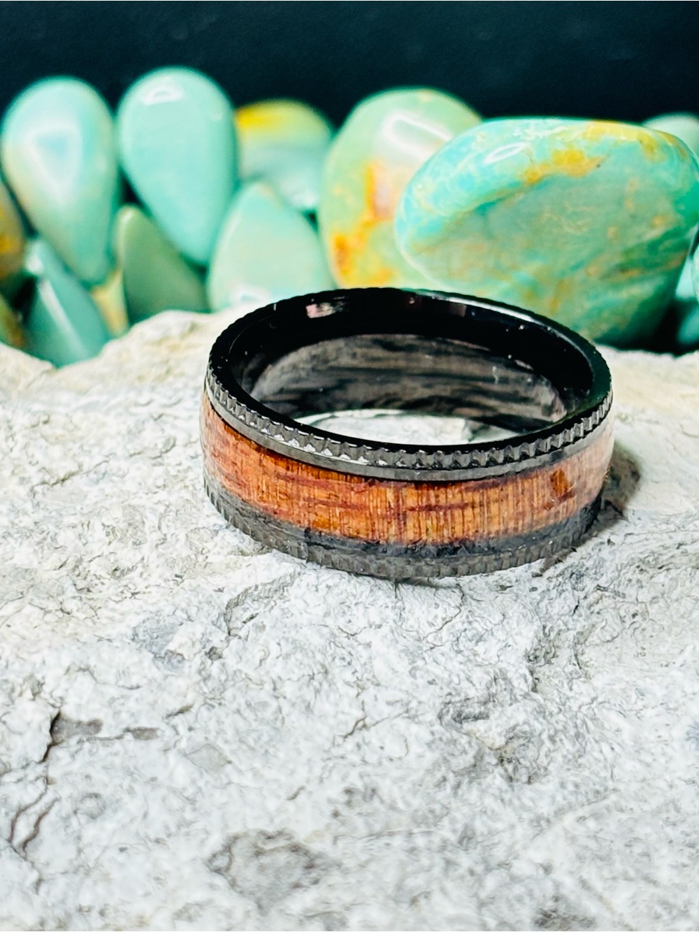 Men's Koa Wood Inlay Black Ring Size 10